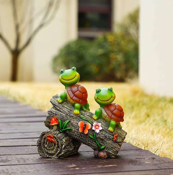 Garden Turtle Figurines Outdoor Decorations, Solar Powered Sweet Frog Face Turtles Resin Statue with 4 LED Lights, Garden Art Spring Fall Winter Christmas Decor for Patio Lawn Yard