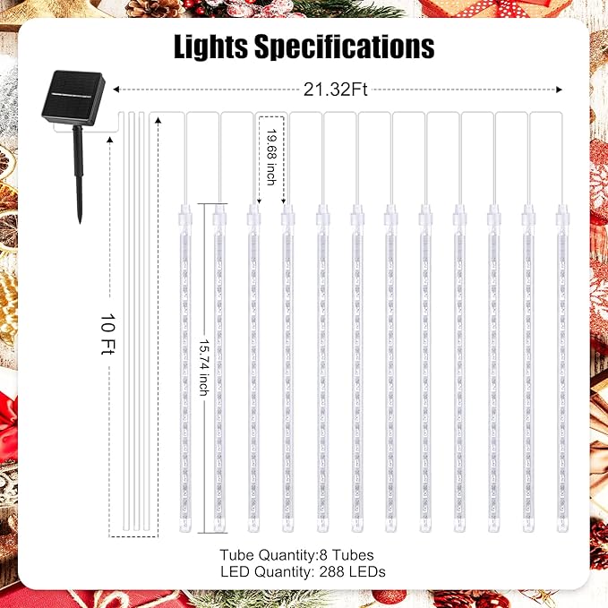 Purple Solar Christmas Lights, 16 Inches 8 Tube 288 LED Solar Meteor Shower Lights with 16 Tubes, Icicle Fairy String Lights for Christmas Decorations Tree Party Yard, Purple