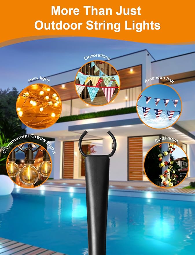 4 Pack String Light Poles for Outside, Thickened Metal Lights Hanger Pole Outdoor with Fork, Lighting Hanging Post Accessories for Patio Decor Garden Backyard Yard Front Porch Outside Decorations