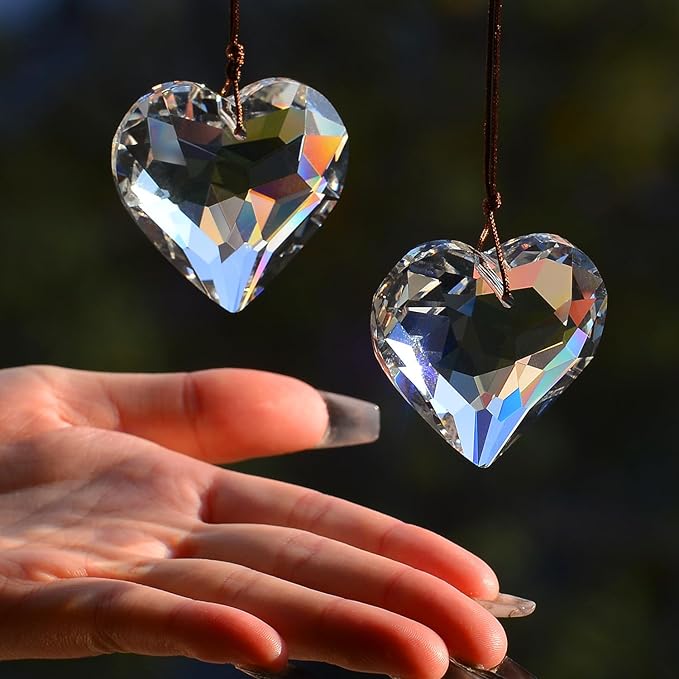 2PCS Heart Crystal Sun Catcher Prisms, STINO Hanging Suncatchers with Glass Prism Decor, Rainbow Maker for Windows, Room, Kitchen, Garden Crystal Decor (1, Heart Clear 2Pcs)