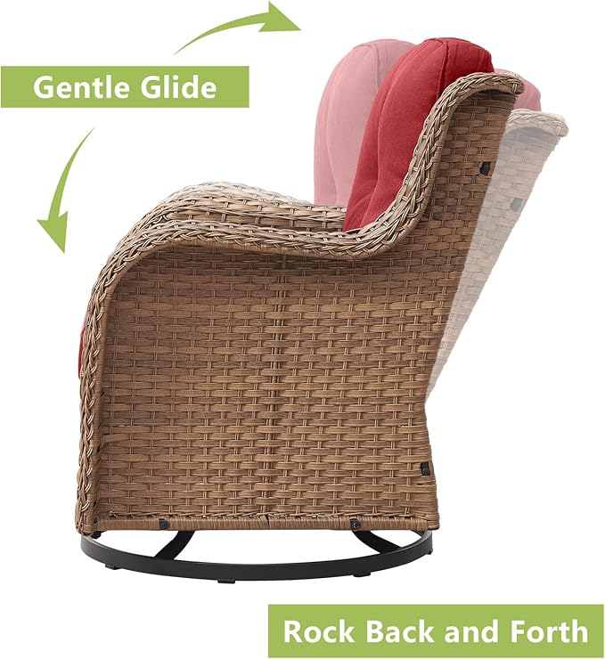 Outdoor Wicker Patio Furniture Set - 6 Piece Rattan Patio Conversation Set with 2 Rocking Swivel Chairs,2 Ottomans,1 Loveseat and 1 Side Table for Porch Deck Backyard Garden(Yellow/Red)