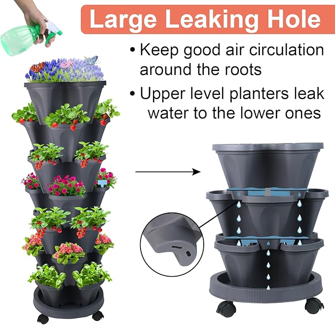 Vertical Planter, 7 Tier Stackable Strawberry Planter with Garden Tool Set, Movable Indoor/Outdoor Garden Herb Pot for Growing Vegetables and Succulents, Dark Gray
