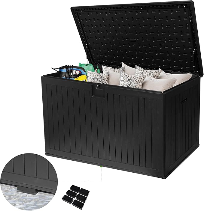 320 Gallon Outdoor Storage Box Waterproof, Extra Large Plastic Outside Deck Box Weatherproof, Resin Outdoor Cushion Storage Container with Lock and Lids for Cushion and Pool Equipment, Black