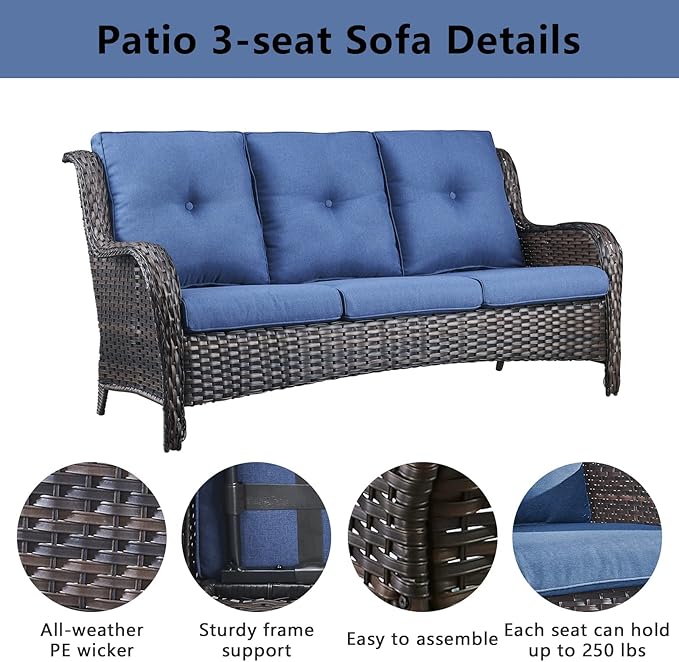 5 Piece Outdoor Patio Furniture Set - Wicker Furniture Patio Conversation Set, Outdoor Swivel Rocker Chairs with 3-Seater Sofa and 2 Ottomans for Small Space, Blue Cushion