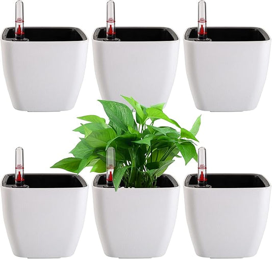 yarlung 6 Pack Self Watering Planter with Water Level Indicator, 5 Inch Plastic Plant Flower Pots Nested Container for Indoor Plants, Herbs, Aloe, Outdoor Gardening