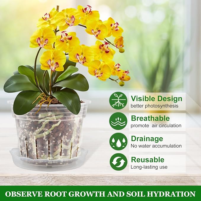 REMIAWY Orchid Pot, 12 Orchid Pots with Holes and 9 Saucers, 3 Each of 4.1, 4.8, 5.7 and 6.4 Inch Clear Flower Planter for Repotting, Plastic Breathable Plant Nursery Planters with Drainage