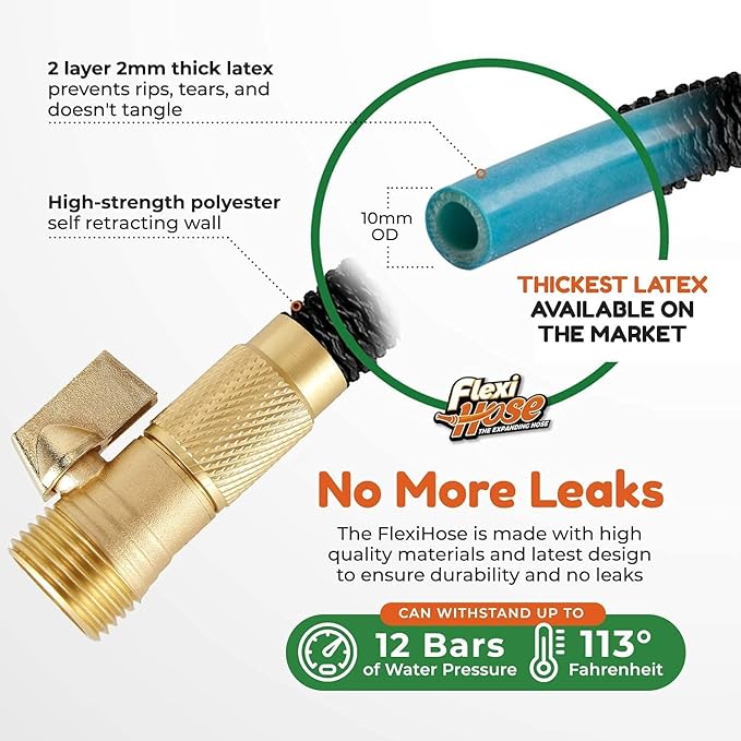 Flexi Hose with 8 Function Nozzle, 50FT - Lightweight Expandable Garden Hose, No-Kink Flexibility, 3/4 Inch Solid Brass Fittings and Double Latex Core