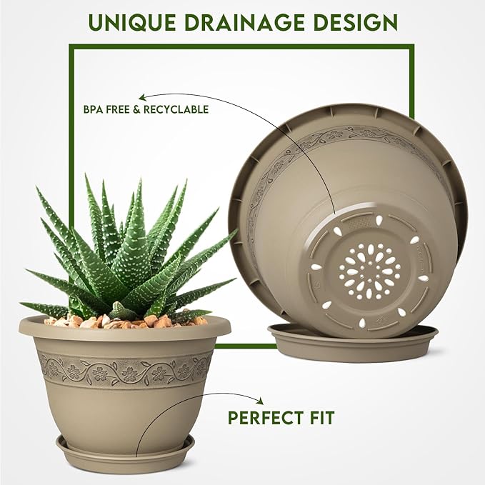 8 Inch Plant Pots with Drainage Hole - Lightweight Flower Pots for Herbs and Flowers - Home Decor Plastic Planters for Indoor Outdoor Plants- Pack of 6 (Brown, 8 inch)