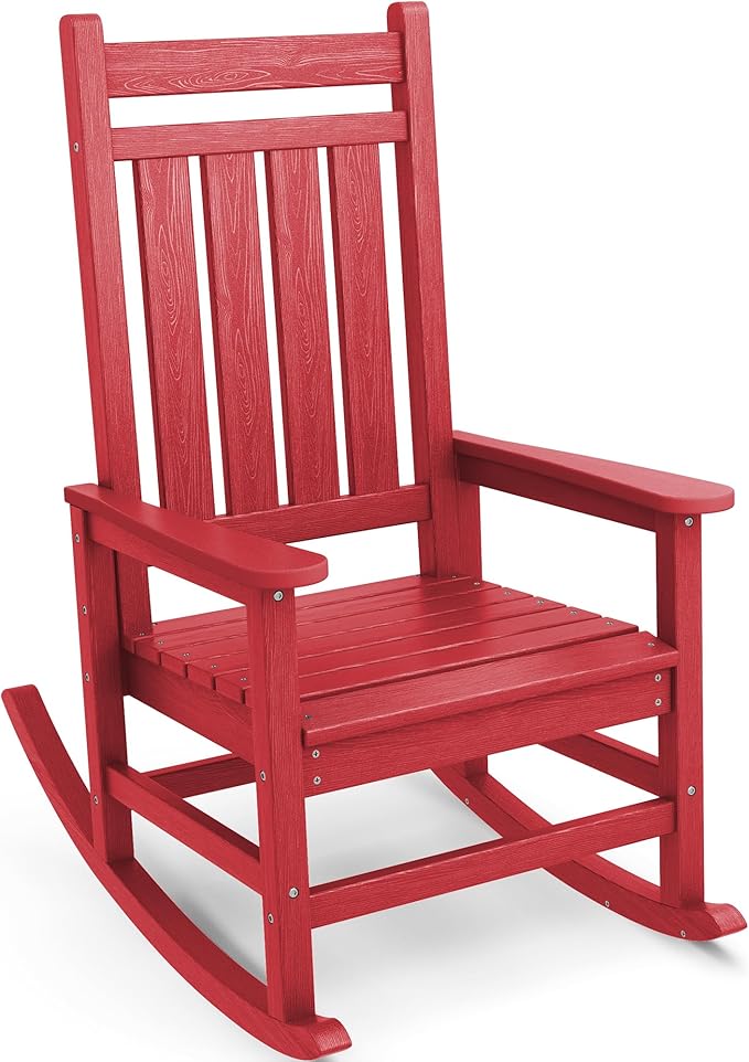 SERWALL Oversized Rocking Chair, Outdoor Rocking Chair Set for Adults, All Weather Resistant Porch Rocker for Lawn Garden, Red
