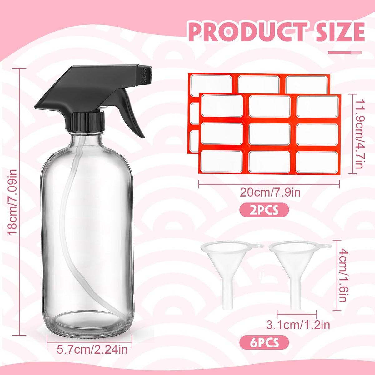 Norme 12 Pcs 8 oz Glass Spray Bottles with Funnels and Labels Refillable Cosmetic Empty Spray Bottles with Sprayer Containers for Essential Oil Cleaning Solutions(Clear,Classic)