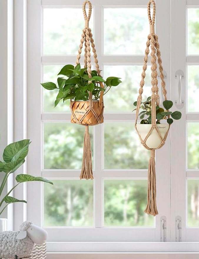 2Pcs Macrame Plant Hangers Indoor & Outdoor (27.56”) Boho Hanging Planters for Indoor Plants, Macrame Wall Hanging Decor for Flower Pots & Baskets (Pots Not Included)