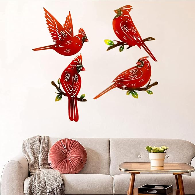 4 Pack Metal Cardinal Wall Art Decor Metal Birds 3D Outdoor Sculpture, Ornaments Hand-Made Nimble red Bird, Gifts for Mom,Birthday Gifts for Grandma Wife