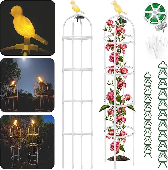 2 Pack Garden Obelisk Trellis with Solar Light, 6 Ft Trellis for Climbing Plants Outdoor Rose Bush Round Trellis for Pots, Rustproof PE Coated Metal Plant Support for Flowers Vine Indoor