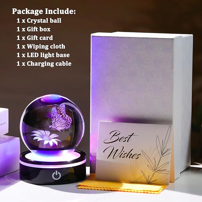 YWHL 3D Crystal Ball Butterfly and Flower Figurine with Colorful LED Base, Laser Butterfly Gifts for Women Men on Christmas Birthday, Crystal Ball Butterfly Decor Night Light for Home Decor (80mm)