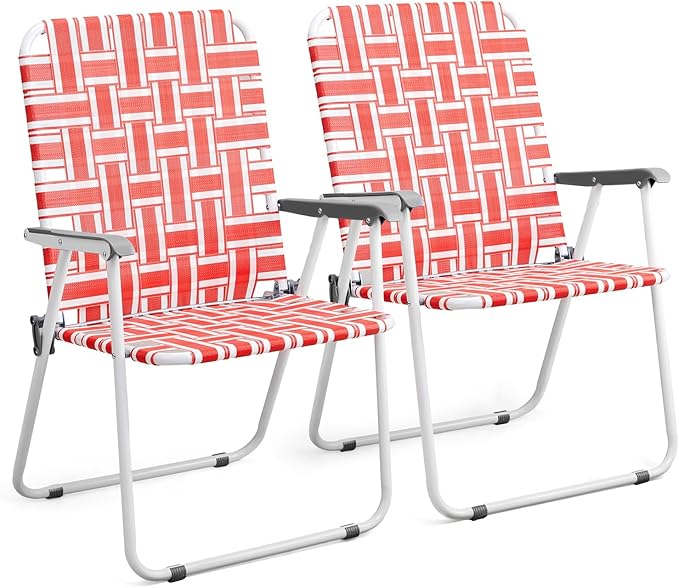 VINGLI Patio Lawn Webbed Folding Chairs Outdoor Beach Portable Camping Chair for Yard, Garden (2, Red, Oversized)