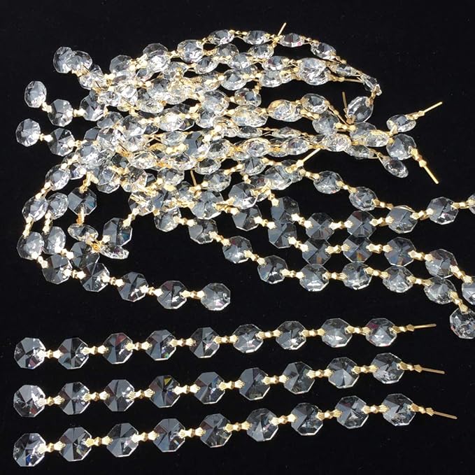 12.5 FT Crystal Glass Strand, Garland Octagon Beads Chandelier Crystal Prism Replacement for Hanging Clear with Golden Clips