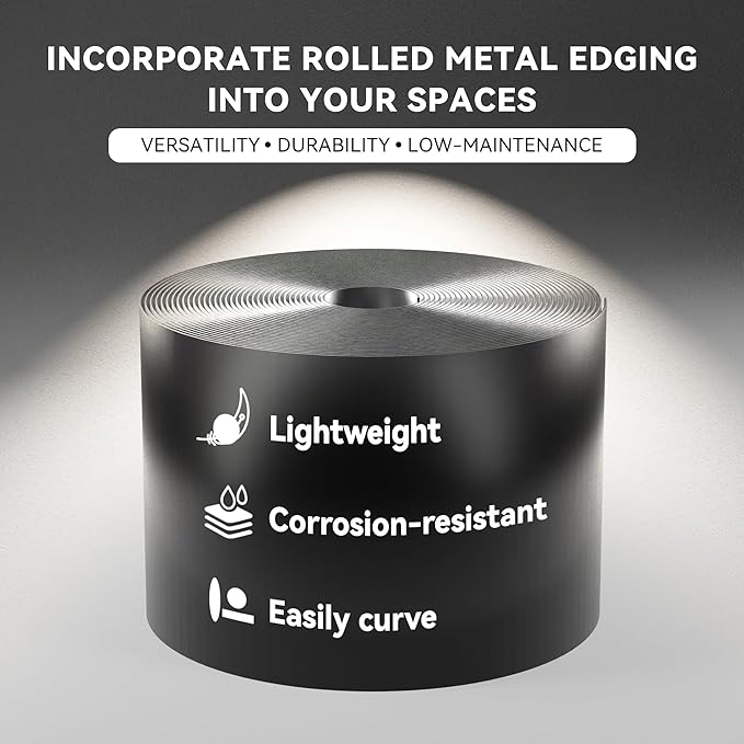 Worth Galvanized Steel Landscape Edging 8" x50' Metal Garden Edging Roll Flexible Bender Border with 16Pcs Stakes for Lawn, Flower Bed Edges, Black