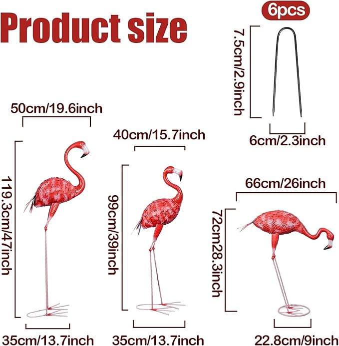 3Pcs Metal Flamingo Statues, Hot Pink Flamingo Outdoor Decor for Garden Home Patio Lawn Backyard Ornaments