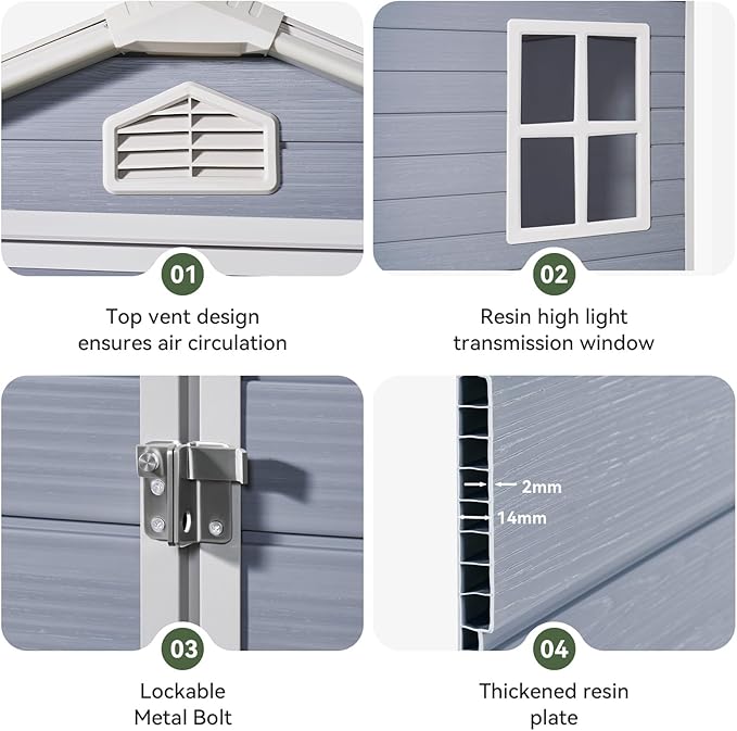 Aoxun 6X8 FT Resin Outdoor Storage Shed with Floor, Plastic Garden Shed with Lockable Door and Window, Tools House to Store Patio Furniture, Bike Accessories, Garbage Can and Lawn Mower - Grey