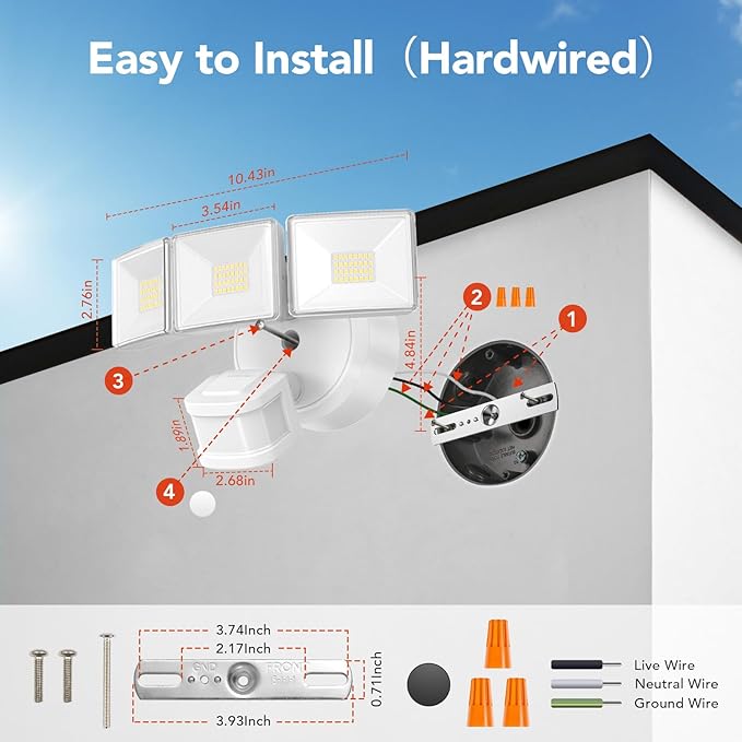 OREiN 6500LM/42W Flood Lights Outdoor, 180°/75FT Motion Sensor Outdoor Lights 4 Modes Dimmable Dusk to Dawn Floodlights IP65 Waterproof for 6000SQ.FT Area for Big Patio, Driveway, White (Hardwired)