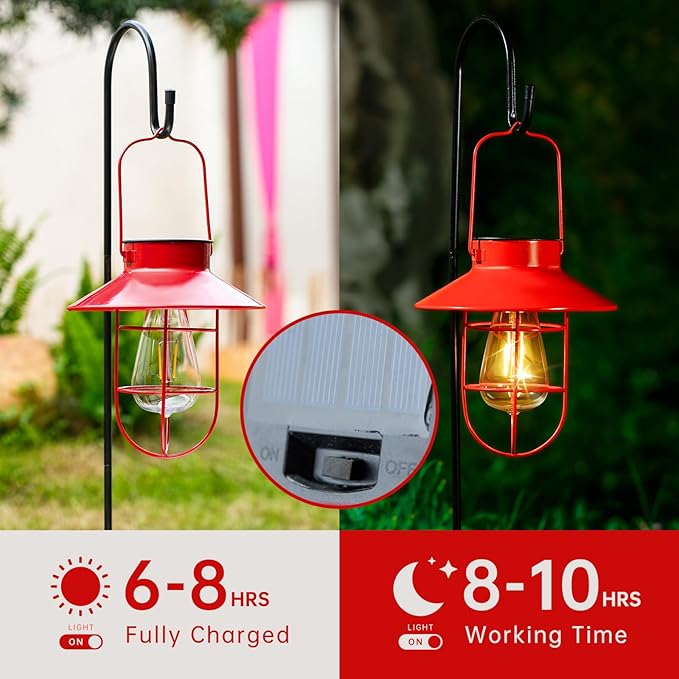 Solar Lantern with Shepherd Hook, Solar Lights Lantern lamp, Outdoor Lights Decor, Water Resistant Edison Bulb Lights for Garden Decor ,Outside Decor for Pathways,Patio, Lawn or Yard (Red，2 Pack)