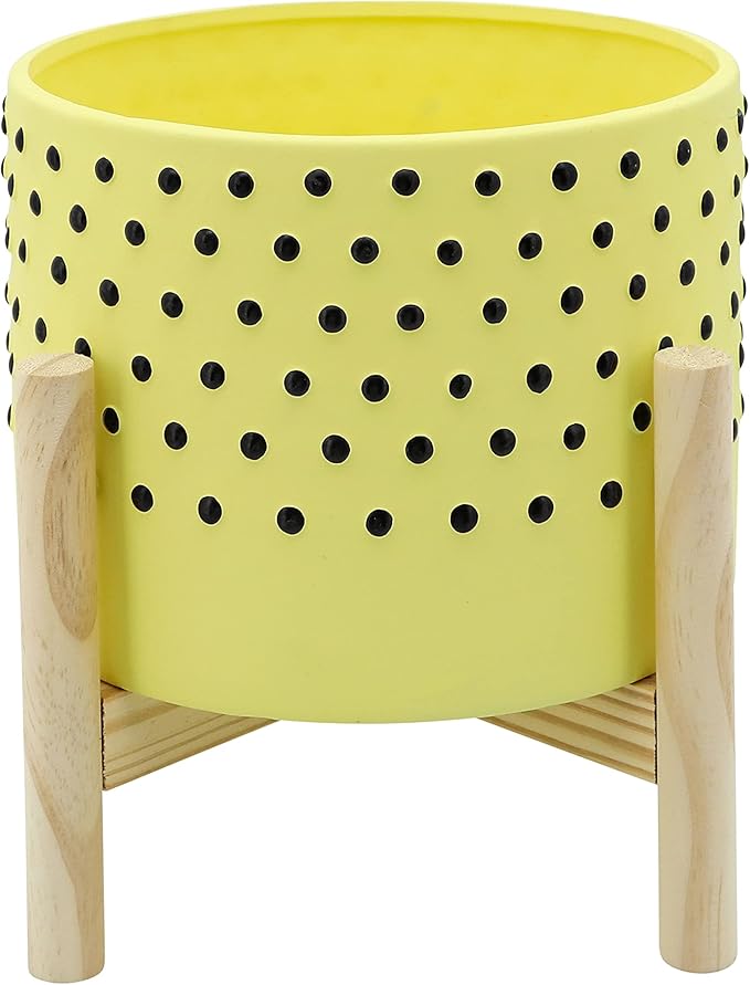 Sagebrook Home 8" Planter on Stand - Ceramic Planter on Wooden Base - Contemporary Yellow and Black Dotted Design Indoor or Outdoor Plant Stand Decor