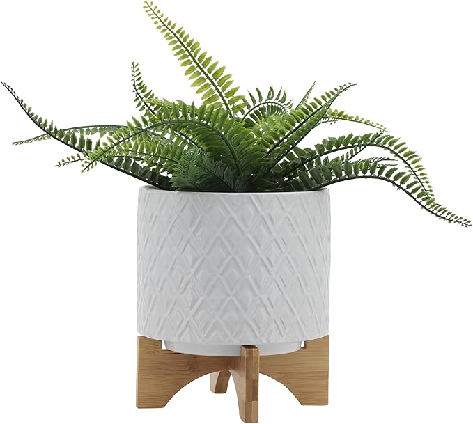 8" Ceramic Planter Stand, White Diamond Design with Wooden Base, Indoor/Outdoor Planter with Stand for Your Succulents and Small Plants