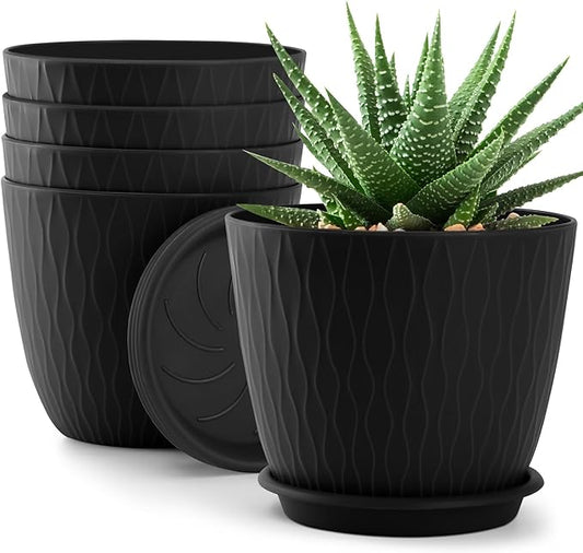 Plant Pots – 6 Inch Planters with Drainage Holes and Saucers, Flower Pots for Indoor and Outdoor Plants, Nursery Planting Pots (Pack of 5, Black)