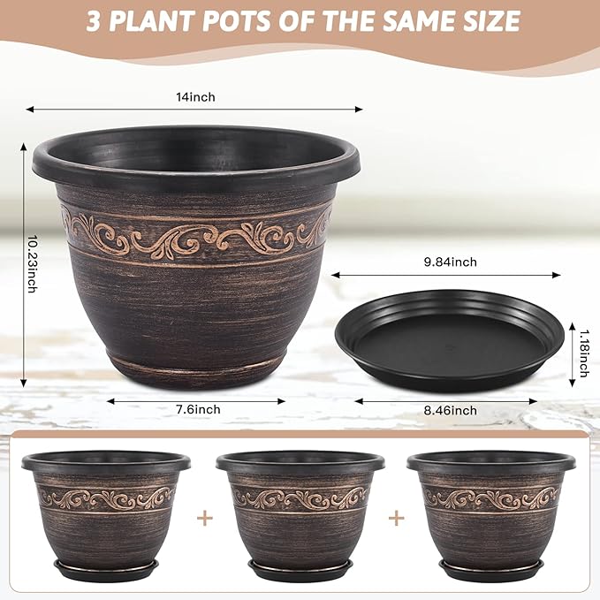 Plastic-Plant-Flower-Planters-14 Inch with Drainage Hole & Saucer, 3 Packs Lightweight Large Resin Flower Pot Indoor Outdoor, Retro Antique Imitation Decorative Garden Containers Sets for Houseplants