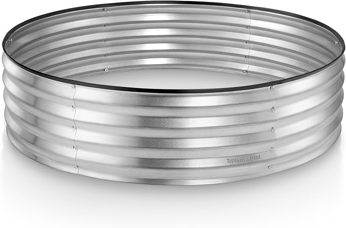 Round Galvanized Raised Garden Bed // 4×4×1 ft Galvanized Raised Garden Beds Outdoor for Gardening, Vegetables, Flowers // Patented Tool-Free Design Round Planter (Silver)
