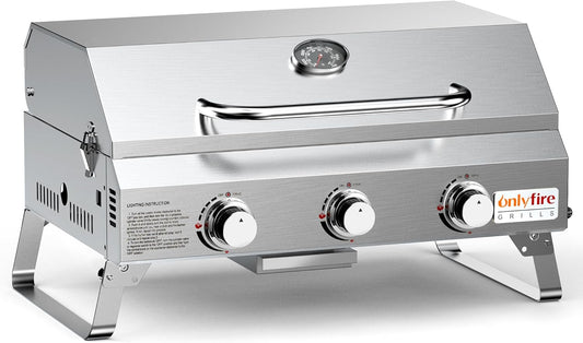 Tabletop Gas Grill 3 Burners, Stainless Steel Portable Propane Grill with Foldable Legs for Outdoor Patio Backyard Camping, Tailgating, RV Trip, Heavy Duty & 24000BTU, GS307