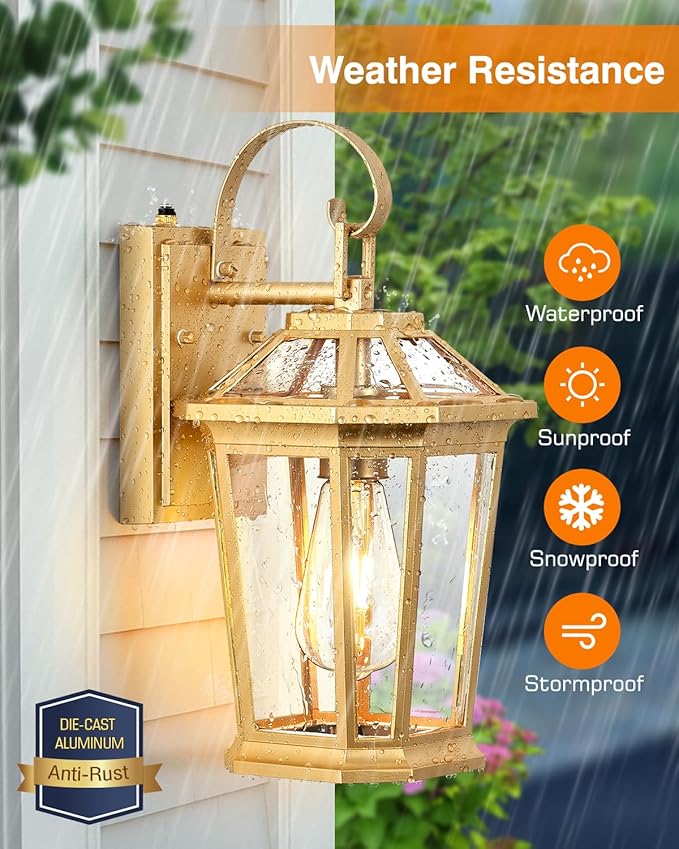 VIANIS Dusk to Dawn Outdoor Wall Lanterns, Modern Golden Exterior Lighting Fixtures Wall Mount Sconces, 100% Aluminum Waterproof Gold Porch Lights, Outside Coach Lantern for House Patio Garage, 2-Pack