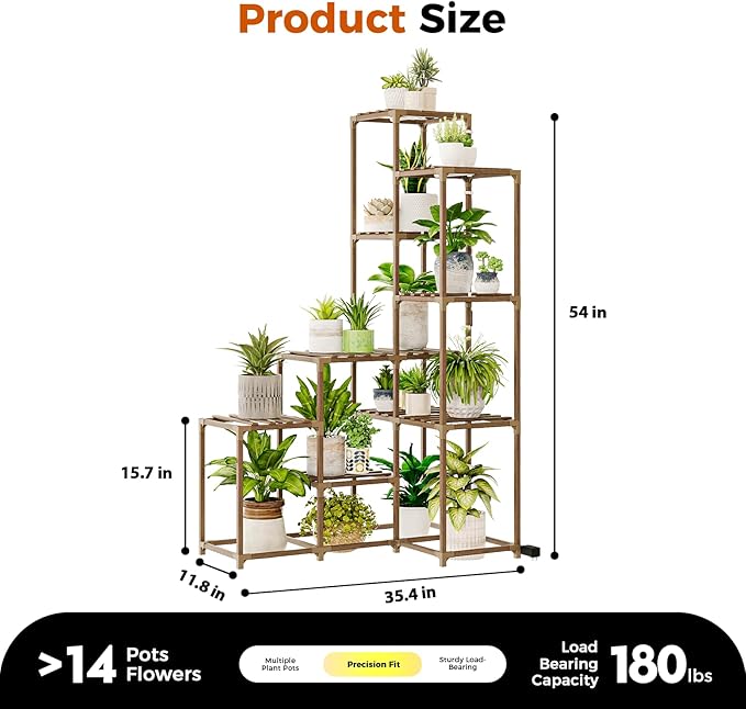 Bamworld Corner Plant Stand with Grow Lights Tall Plant Shelf Indoor Outdoor for Multiple Plants Wood Plant Table 7 Pots Flower Stands for Living Room Plant Rack