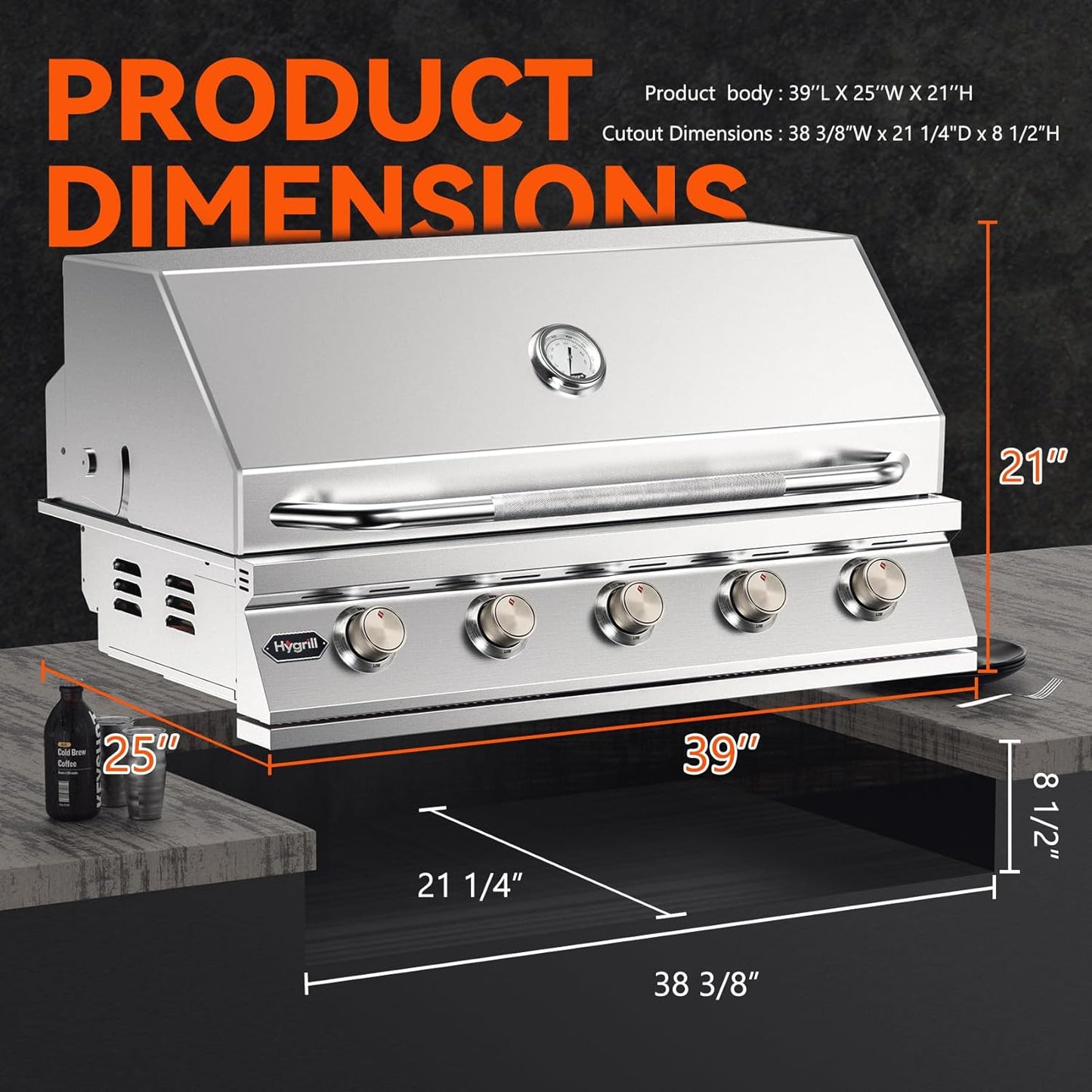 Hygrill 40-Inch Built In Grill, Stainless Steel 5-Burner Grill Head for Outdoor Kitchen, Natural Gas