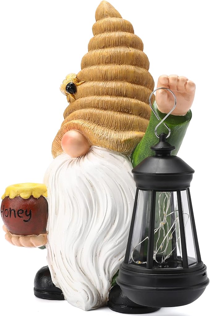 12.3''Solar Garden Gnome Outdoor Decor Honey Bee jar Gnome Statue with LED Lantern Fall Patio Yard Art Decoration Christmas Gardening Birthday Gifts for Women Mom, Honey Bee Gnome