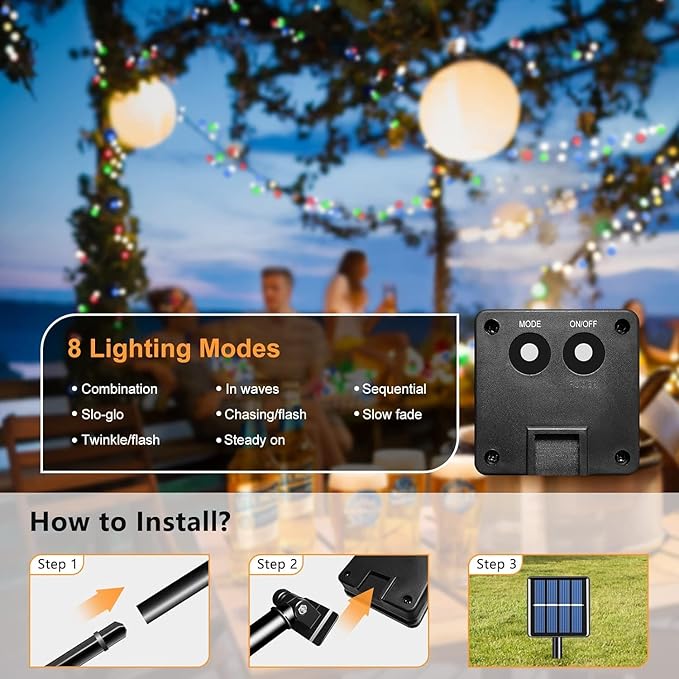 4-Pack Solar Christmas String Lights Outdoor Multicolor - 100LED 33FT String Lights Solar Powered with 8 Modes, Waterproof Patio Lights, Solar Lights for Outside Tree Balcony Gazebo Party