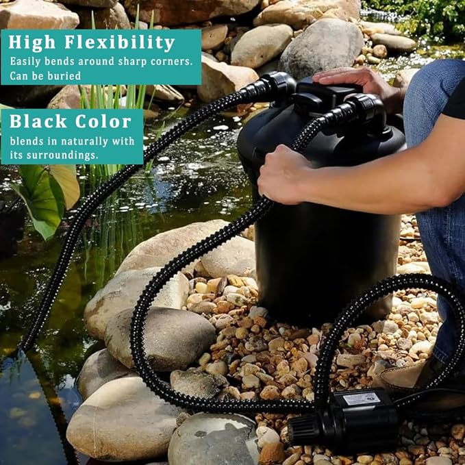 Pond Hose ID 1-1/2” × 25ft Black Corrugated Flexible Reinforced PVC Hose Vinyl Tubing for Pond Pump Fountain Garden Waterfall, Non-toxic & Kinkproof, with 2 clamps, 1.5in 38mm id