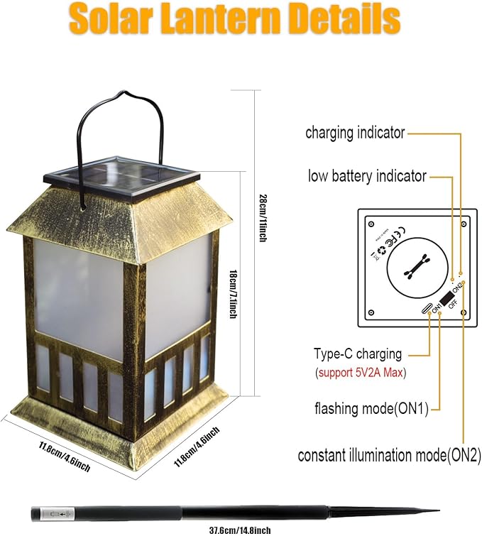 Solar Lanterns Outdoor Waterproof, Pathway Lights Hanging Lights with 3D Lighting Effects, Solar & USB C Charging, Metal Garden Decor Lights for Landscape Yard Patio Lawn Driveway, RGB Light 1 Pack