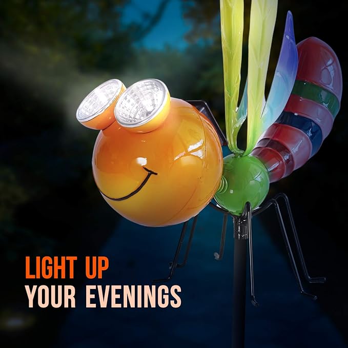 Shefio Dragonfly Solar Light - Metal Yard Art - Add Whimsy To Your Garden - Solar Yard Decorations - Outdoor Decor