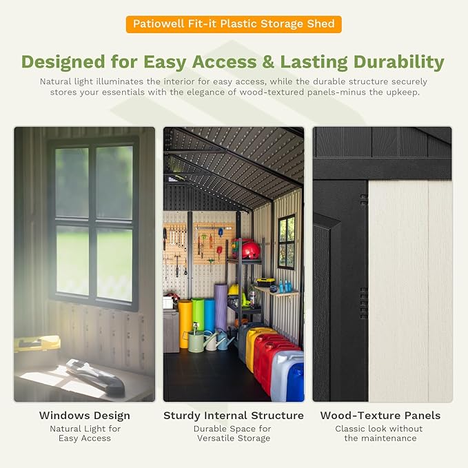 Patiowell 8 x 10 FT Resin Outdoor Storage Shed with Floor and Light, Large Plastic Barn with Lockable Door for Garden Tools, Backyard, Bike Storage, Easy Installation in Beige (Kick-it Shed)