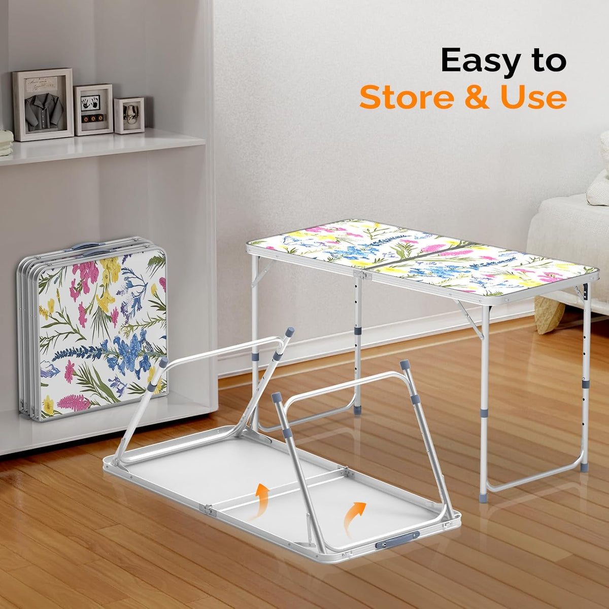 VINGLI 4FT White Folding Table with Carrying Handle Height Adjustable Lightweight Fold Up Portable for Indoor Outdoor Picnic,Camping,Hiking,Fishing,BBQ …
