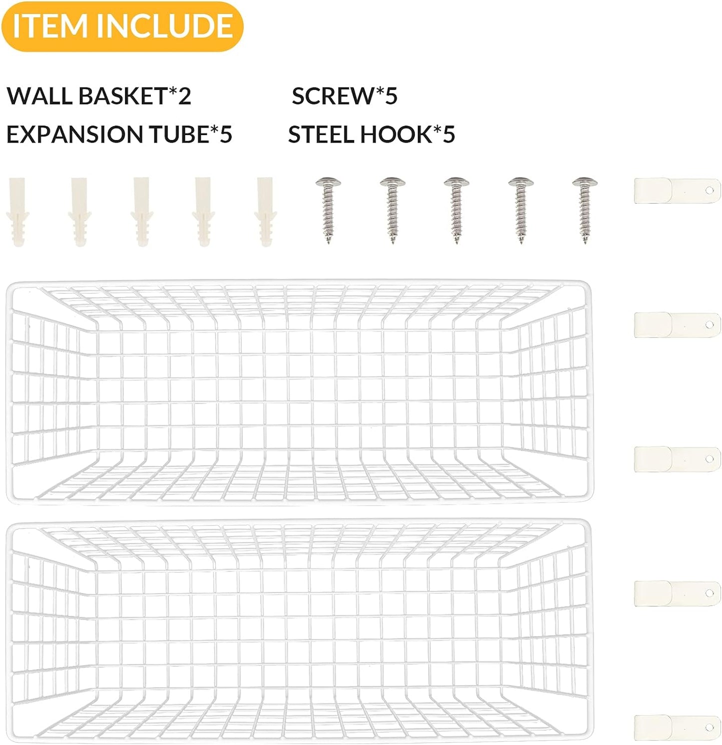 2 Sets Extra Large Hanging Wall Basket, White Metal Wire Baskets with Steel Hooks for Organizing, WallmountedFruit Vegetable Toy Snack Storage, Home Kitchen Bathroom Laundry Pantry Organizer