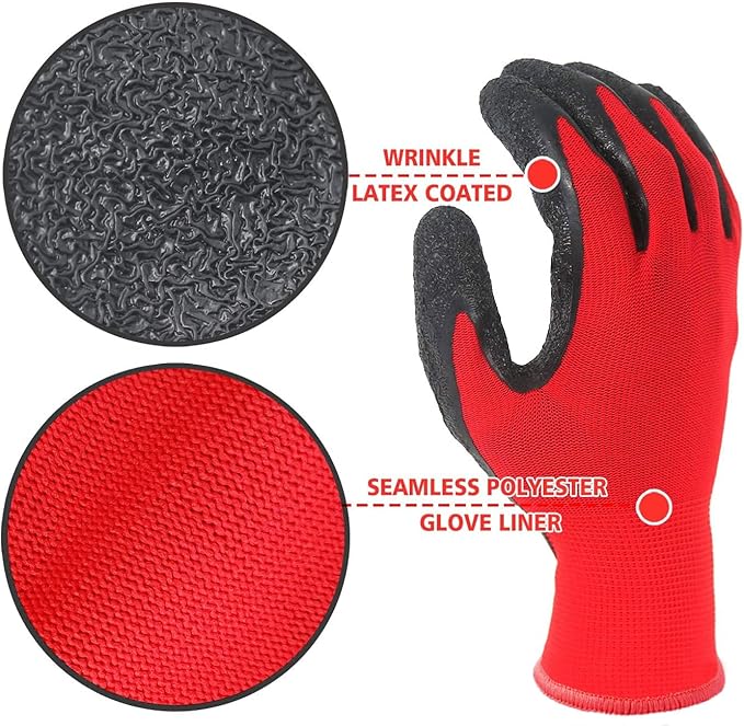 Evridwear Crinkle Latex Rubber Hand Coated Safety Work Gloves for Men Women General Multi Use Construction Warehouse Gardening Assembly Landscaping (S-Size) 12 Pairs Pack