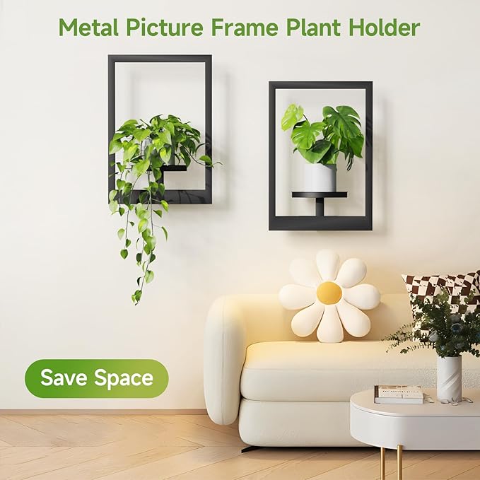 Picture Frame Wall Plant Holder, Metal Window Plant Shelves Plant Holder for Indoor Plants, Hanging Wall Planters Wall-Mounted Plant for Home, Office, and Garden (Black, 2PCS)