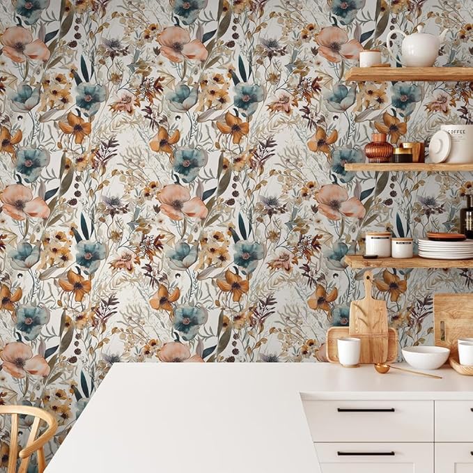 Boho Light Brown Flowers Teal Blue Floral Leaf Plants Vintage Watercolor Peel and Stick Wallpaper Self Adhesive Removable Easy Peel Off Stick on Wall Paper for Bedroom Cabinet Renter