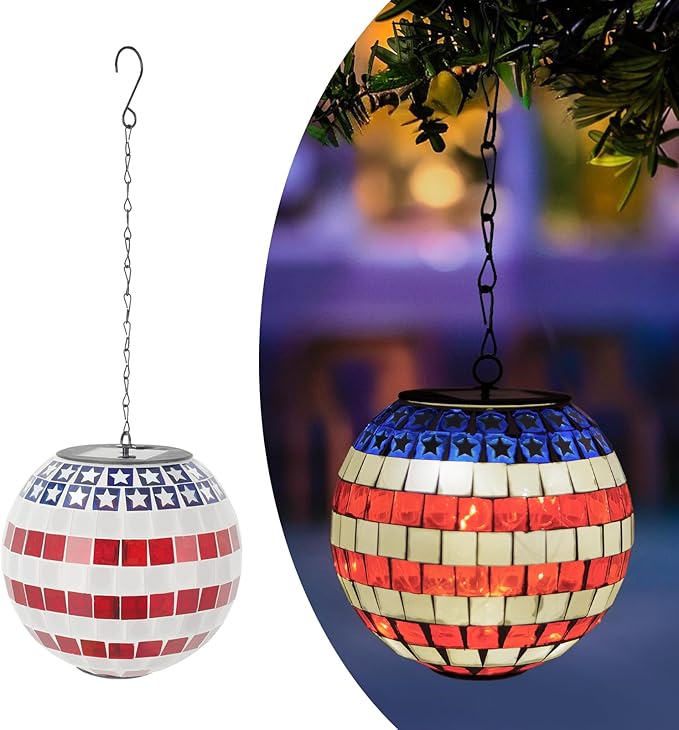 American Flag Solar Hanging Lanterns Outdoor Waterproof Glass Mosaic Gazing Ball Globe Hanging Lantern Lights for Patio Garden Yard Home Decor (Red)