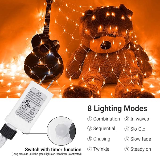 Joomer 12ft x 5ft 360LED Orange Halloween Net Lights Outdoor Mesh lights, 8 Modes Timer Connectable Waterproof Bush Lights Mesh Netting Lights for Halloween Outdoor Decorations (Clear Wire)