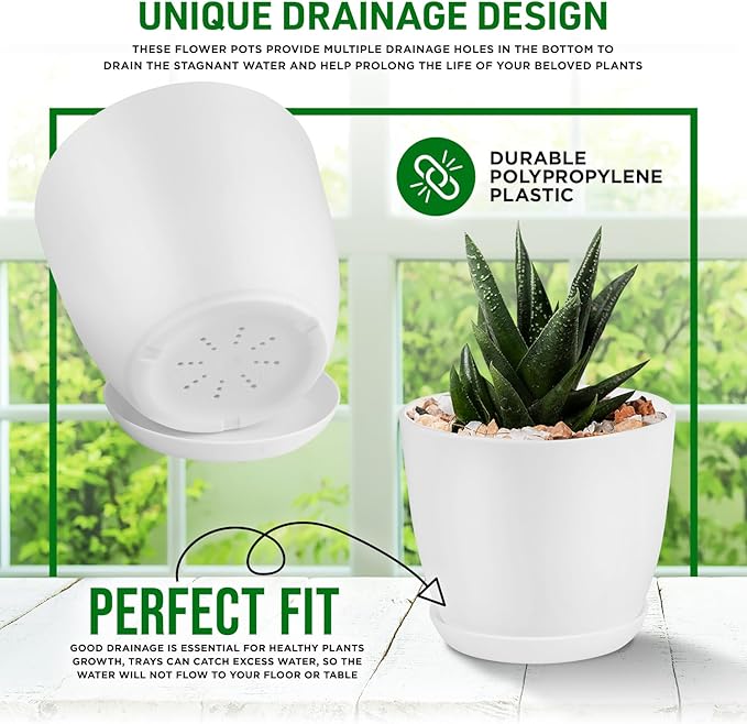 Eco Friendly Plant Pot Set -5-Pack Home Decor Flower Indoor and Outdoor Plastic Pots with Drainage Holes, Assorted Sizes (7", 6.6", 6", 5.3", 4.8") - Stackable Garden Versatile Planters
