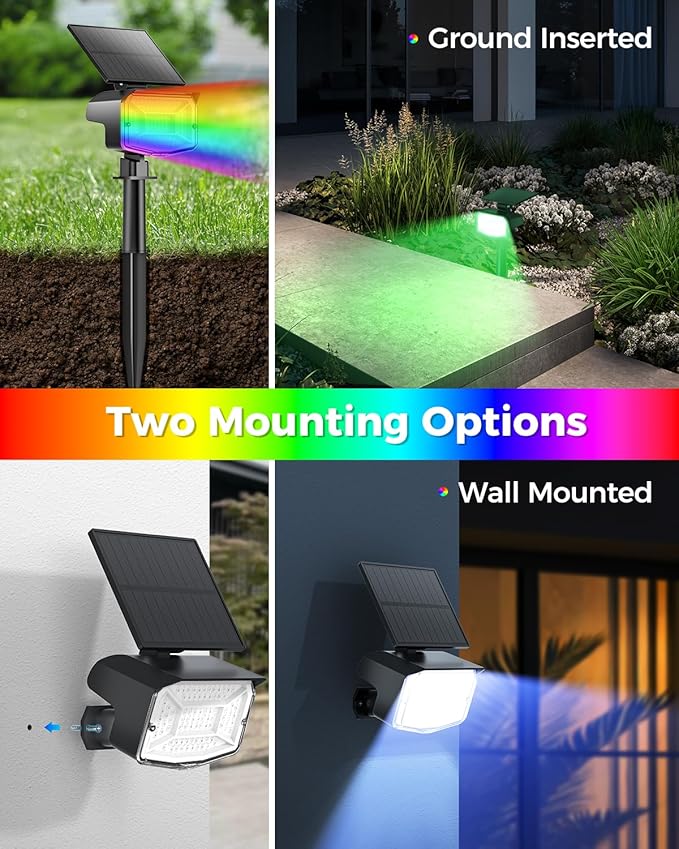 Solar Lights Outdoor Color Changing, 85 LEDs 9 Lighting Modes RGB Solar Outdoor Lights, IP67 Waterproof Multicolor Landscape Spotlights for Halloween Holiday Decorations (6 Pack)