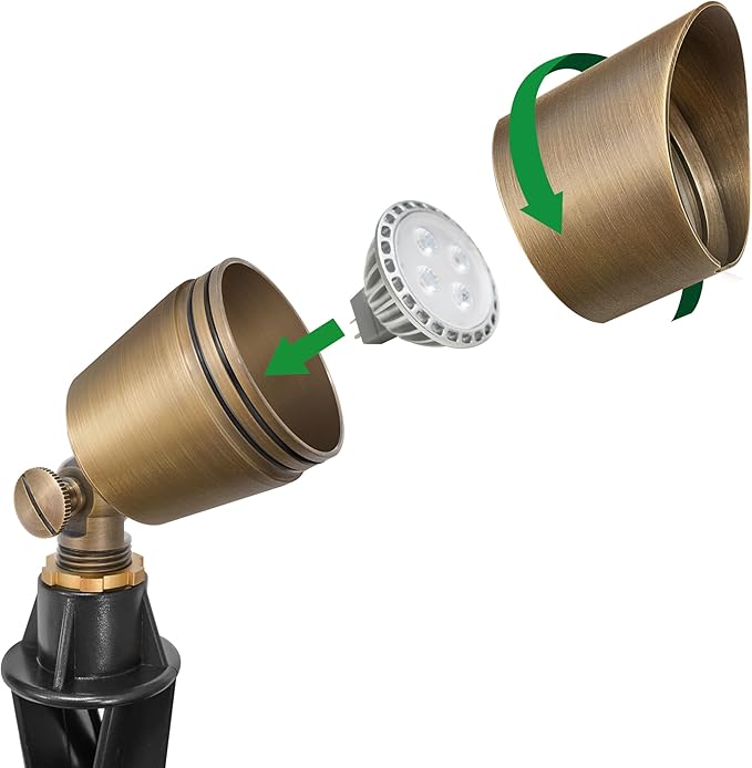 GKOLED Solid Brass Low Voltage Compact Spotlight, 12V AC/DC Waterproof Outdoor Landscape Spot Lights for House Trees Garden Yard Lawn, Up Light with 5W 2700K MR16 Bulb, Stake Included